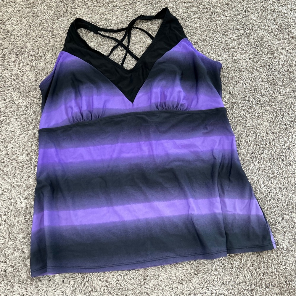 XXL Tankini Swimsuit Top Purple Black Ombre Striped Criss Cross Back
